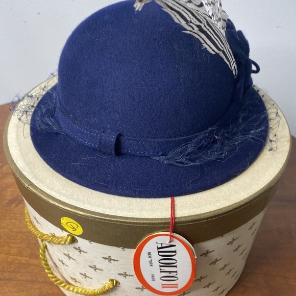 Vintage NOS Adolfo II NY Paris Hat Wool Blue  Felt Feather Netting Church New main image 4
